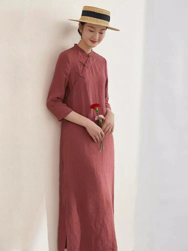 Spring summer chinese loose dress cheongsam half sleeve qipao Daily cotton linen qipao robe chinoise vestido zen tea dress - Seprincess