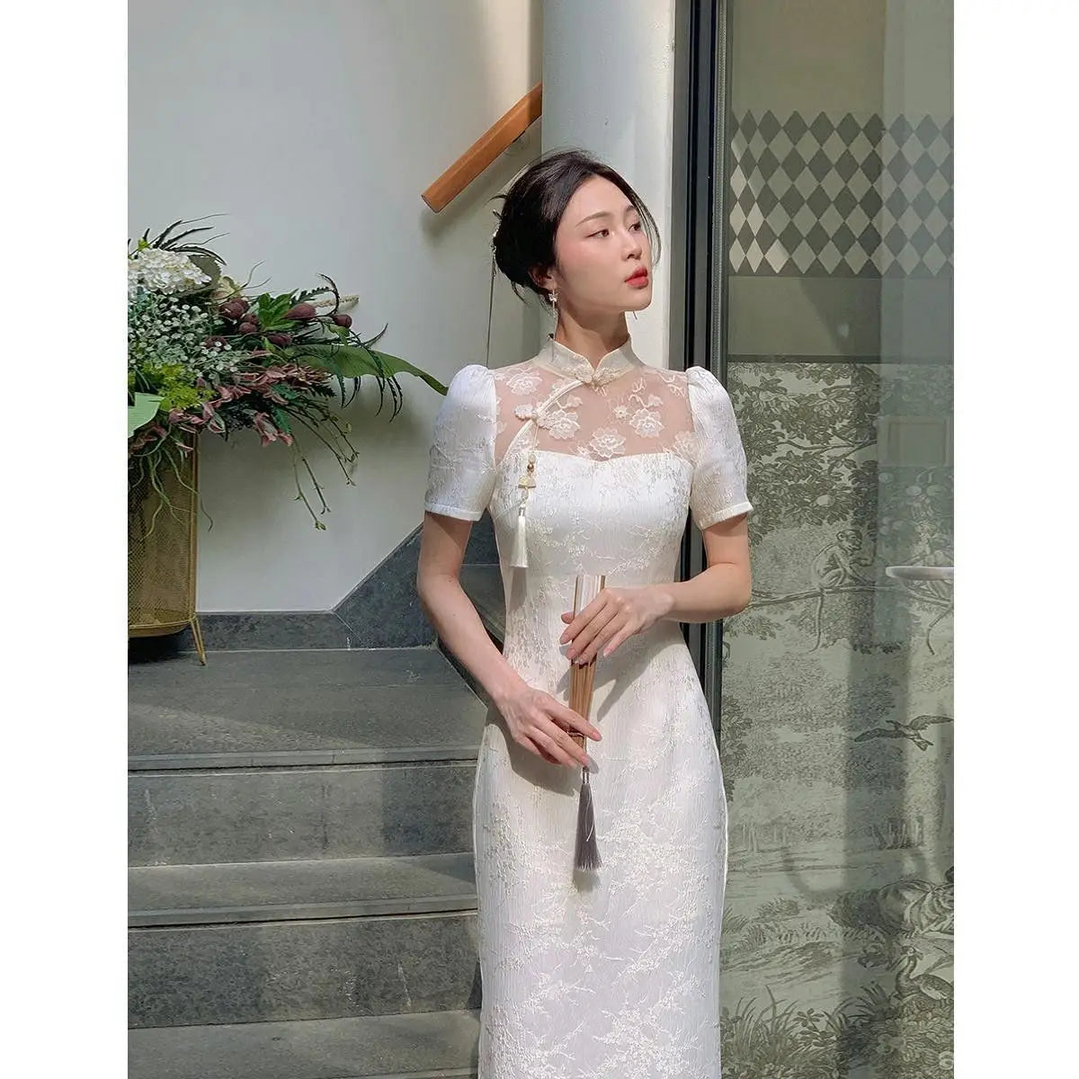 Women Beige Long Cheongsam Lace Transparent Floral Vintage Dress Wedding Costumes Traditional Short Qipao S To XXL - Seprincess