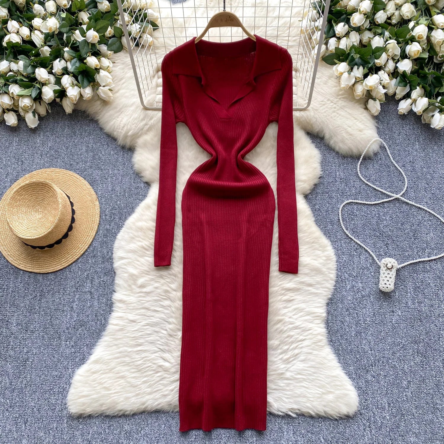 SINGREINY French Vintage Sweater Dress 2024 Ladies Lapel Long Sleeves Autumn Fashion Solid Basics Bodycon Knitted Long Dress - Seprincess