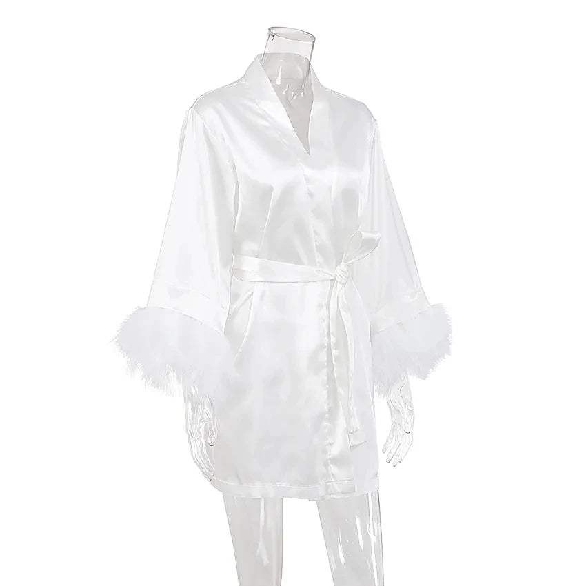 White Feather Robe With Fur Full Sleeves Sleepwear Satin Robes For Women Nightgown Bride Robe Gown Dress Bathrobe Female - Seprincess