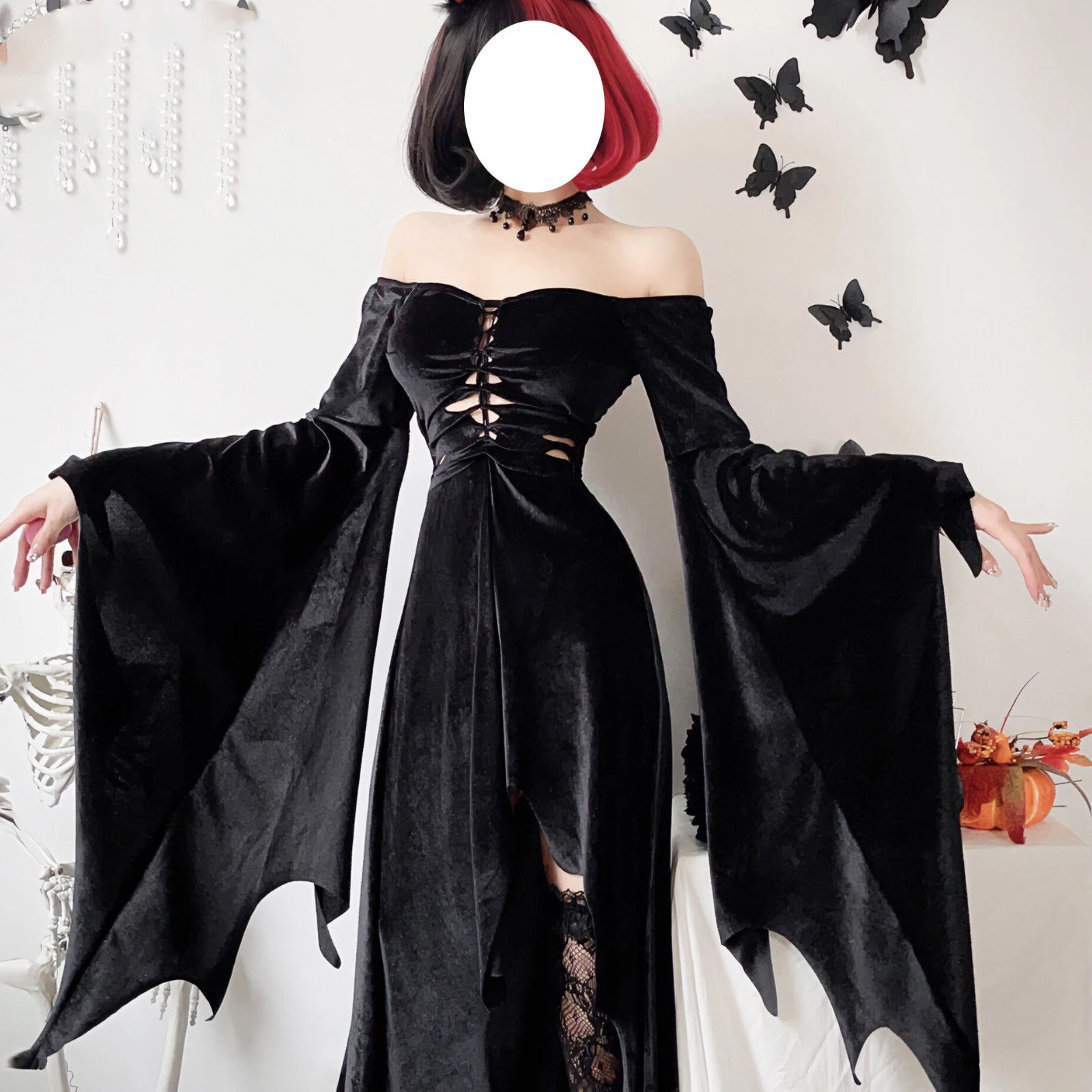 Harajuku Gothic Halloween Costumes Witch Dress Black Vintage Flare Long Sleeve Vampire Bride Outfit Cosplay Death Black Dresses - Seprincess