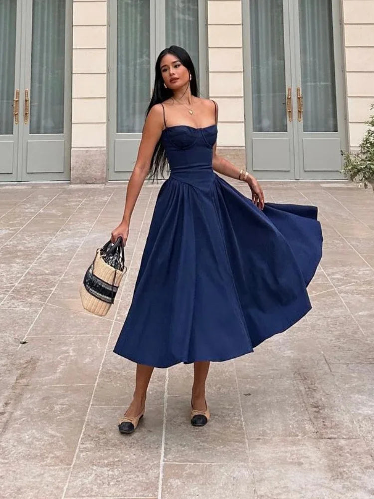 Suninheart Elegant Spaghetti Strap Midi Dress Slim A Line Party Dresses Navy Blue Casual Birthday Holiday Dress Women's clothing - Seprincess