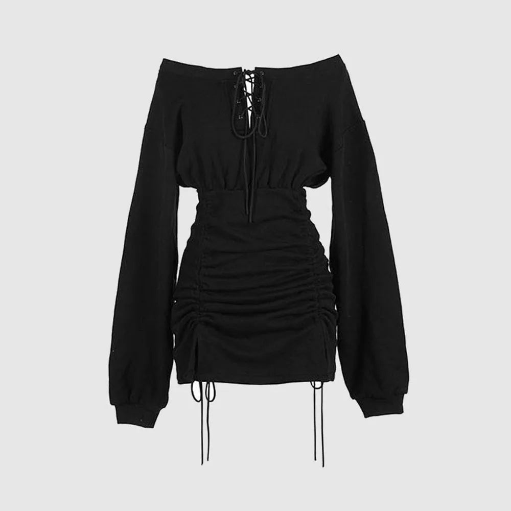 Off Shoulder Long Sleeve Pleated Sheath Dress 2023 Street Style Hot Girl Dress Spring Autumn Sexy Short Party Dresses - Seprincess