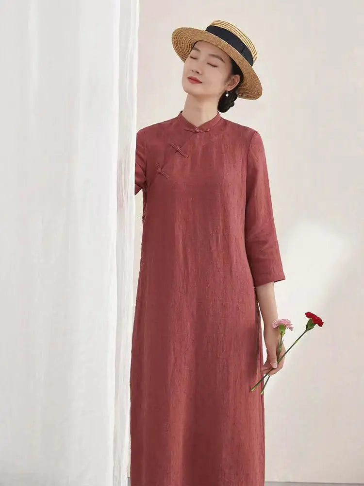 Spring summer chinese loose dress cheongsam half sleeve qipao Daily cotton linen qipao robe chinoise vestido zen tea dress - Seprincess