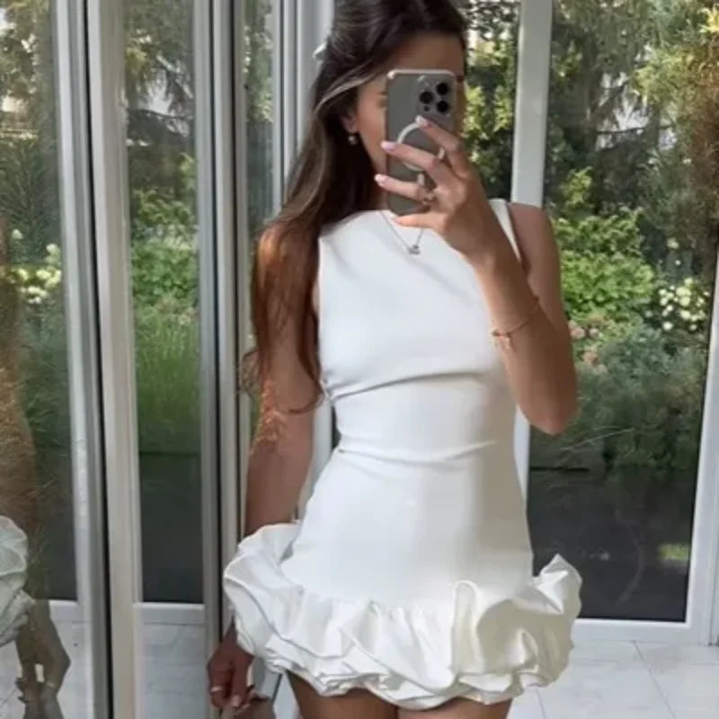 Fashion White Ruffled Hem Sleeveless Bodycon Short Dress Women Elegant O-neck Slim Mini Dresses Summer Sexy Lady Party Vestidos - Seprincess