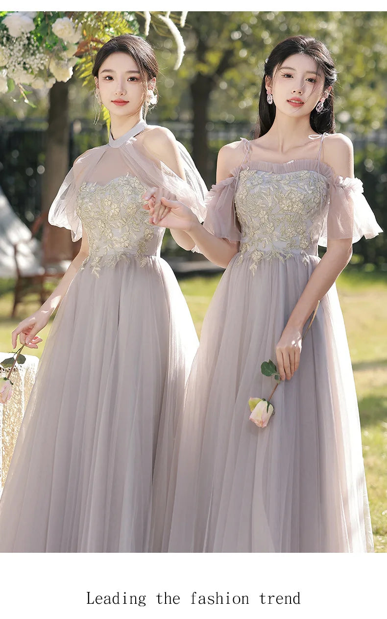 Temperament Grey Bridesmaid Dress Long Wedding Sisters Group Gown Elegant Applique Tulle Off Shoulder Banquet Party Vestido - Seprincess