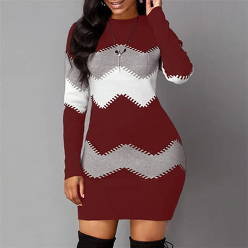 Women Elegant Patchwork Long Sleeve Warm Dress 2022 Autumn Winter Rib Knit Sweater Dress Casual Turtleneck Pullover Mini Dresses - Seprincess