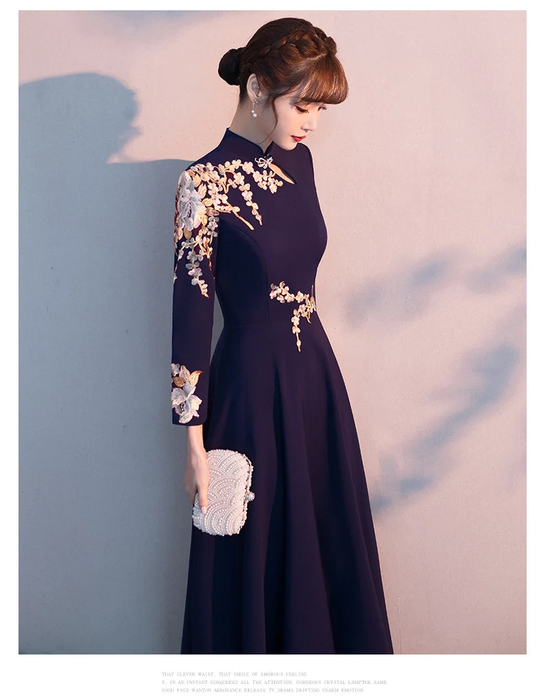 Women Chinese Long Qipao Evening Party Dress Embroidery Applique Vestidos Pleated Dress Elegant Long Sleeve Cheongsam Prom Dress - Seprincess