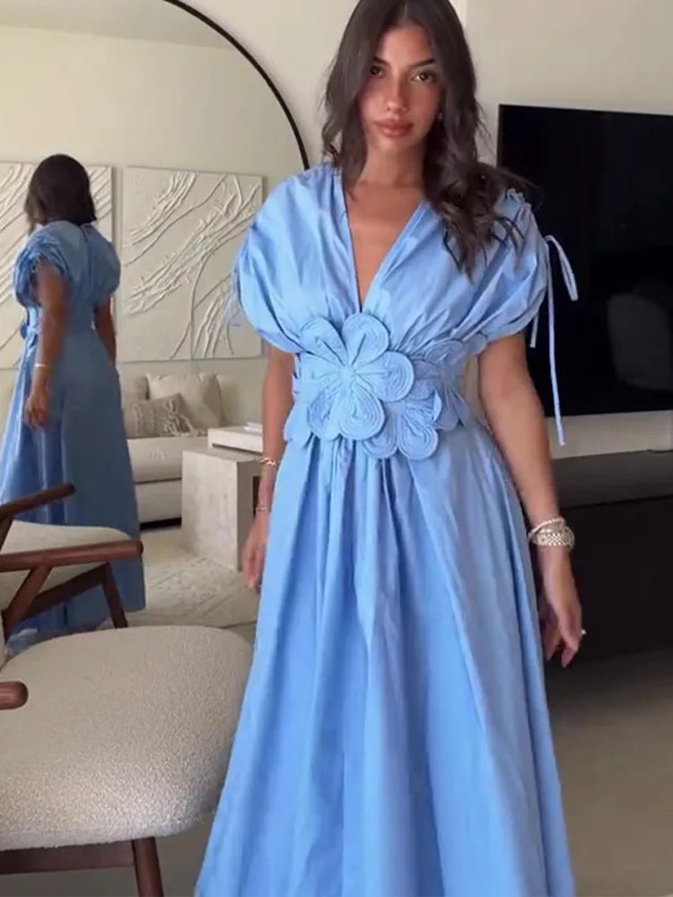 Summer Elegant Pleated Bow V Neck Blue Long Dresses For Women 2024 New Off Shoulder Sleeveless Maxi Dress Ladies Vacation Robe - Seprincess