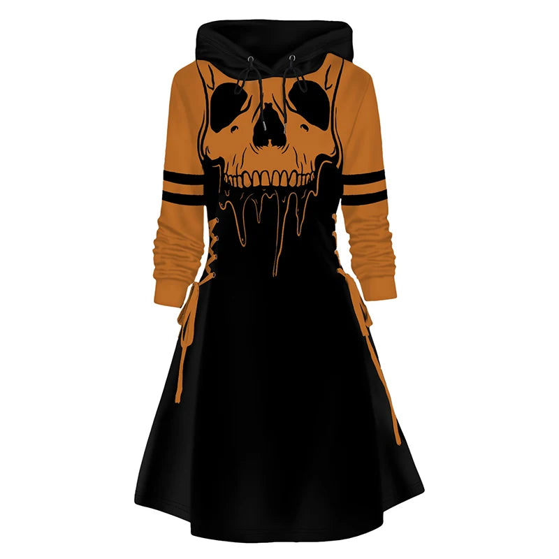 Dressfo 2024 Womens Gothic Hoodie Dress Cat Hat Moon Print Lace Up Long Sleeve A Line Mini Dress Christmas Sweatshirt Dresses - Seprincess