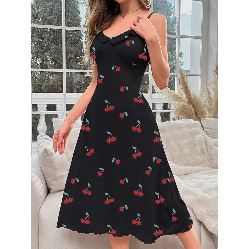 Cross-border foreign trade cherry print medium and long dress, nightdress, sexy and comfortable loungewear women - Seprincess