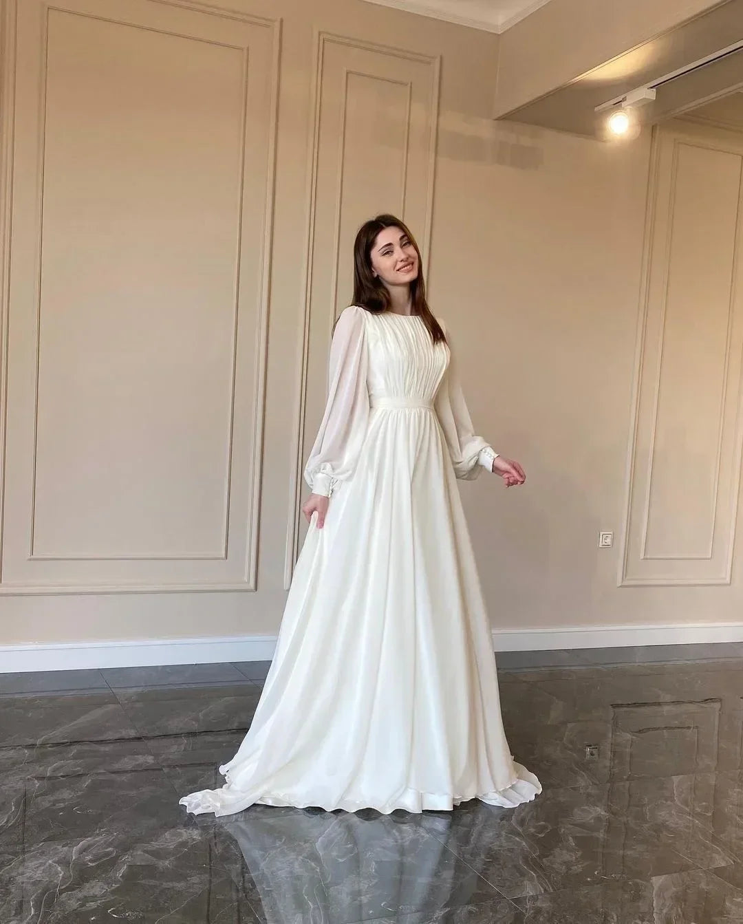 Fashion Elegant Lantern Sleeve O-Neck Sexy Large Swing Long Dress Lady Club Party Ball Gown White Pearl Yarn Wedding Dresses - Seprincess