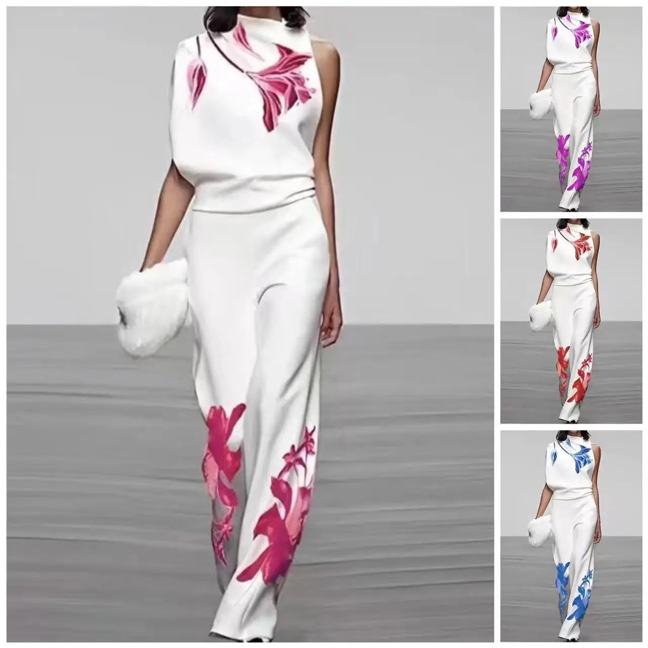 Fashion Street Print Two Piece Sets For Women 2024 Spring Summer Sleeveless Top And Pants Outfits Office Elegant Autumn Suits - Seprincess