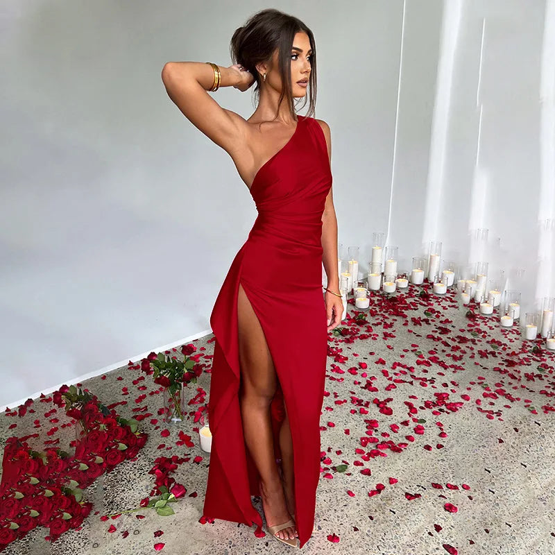 Dresses Women 2024 Summer New Style Design Sexy Sexy Slim Slanted Shoulder Slit Long Dress Women's Elegant Robe De Soiree Femme