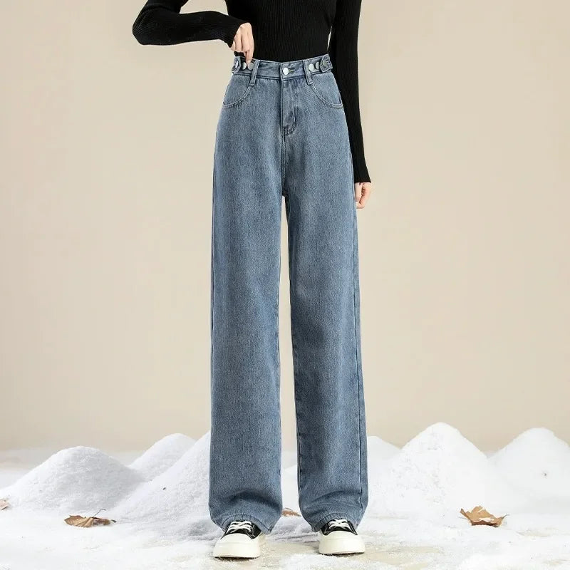 Autumn/winter Deep Color Wide-leg Fleece-lined Warm Jeans Women's Outerwear Slimming Loose-fit Straight-leg Model Pants