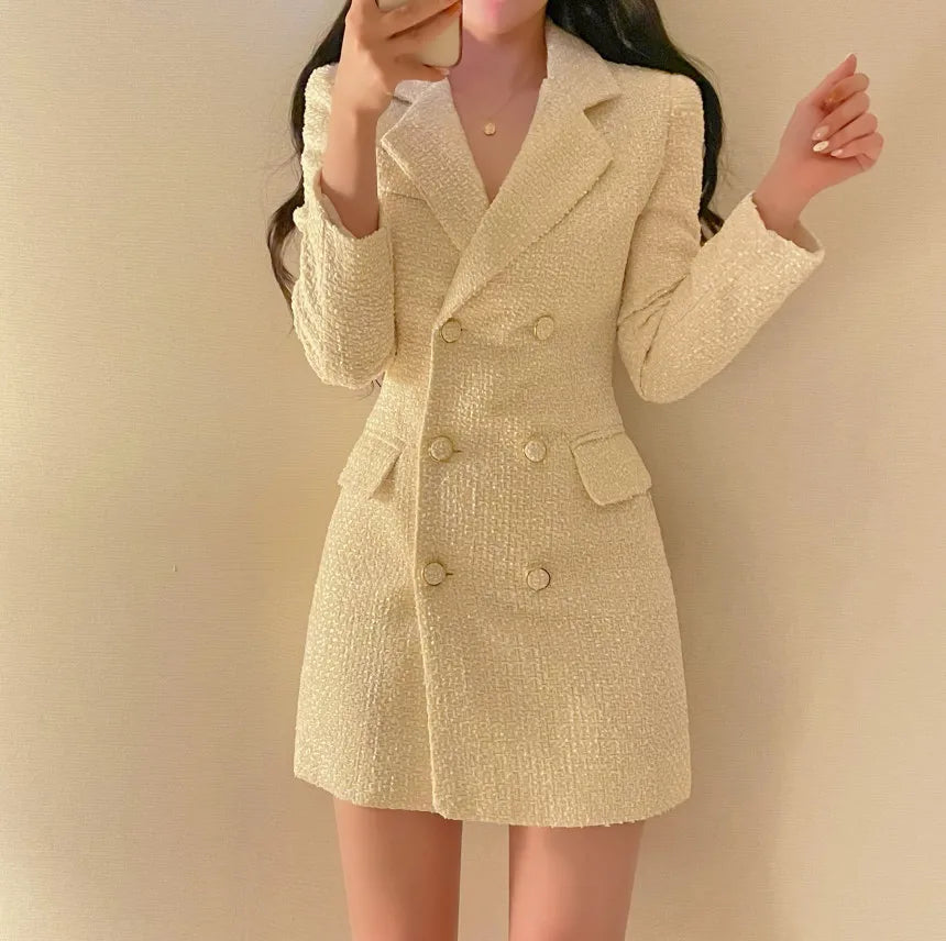 Elegant Tweed Blazer Dress Double Breasted Slim Short Dresses for Women Korean Fashion Office Lady Coat Dress Autumn Winter New - Seprincess