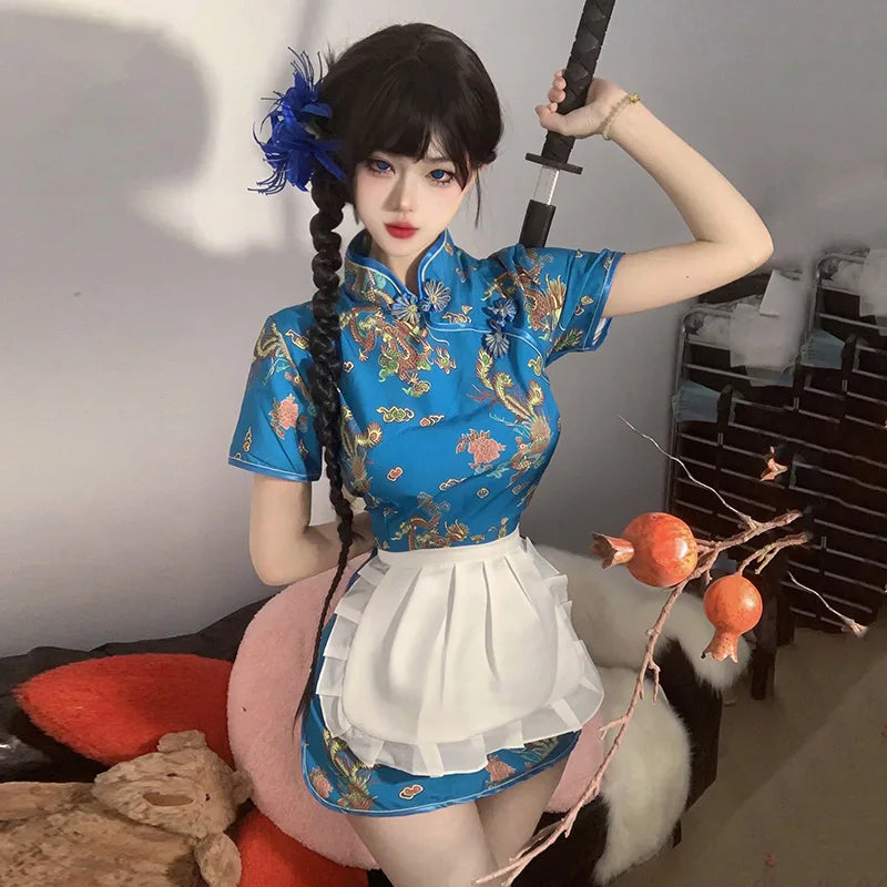 Sexy Chinese Women Cheongsam Cute Maid Role Play Outfit Apron Dress Uniform Kawaii Anime Little Chef Qipao Cosplay Costume - Seprincess