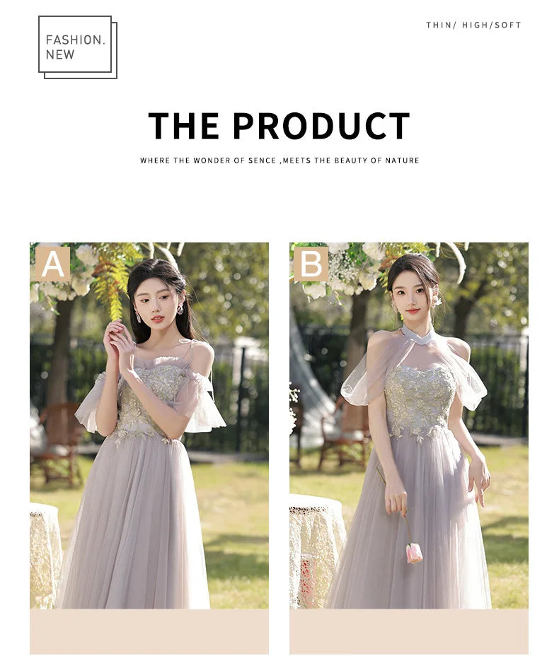 Temperament Grey Bridesmaid Dress Long Wedding Sisters Group Gown Elegant Applique Tulle Off Shoulder Banquet Party Vestido - Seprincess