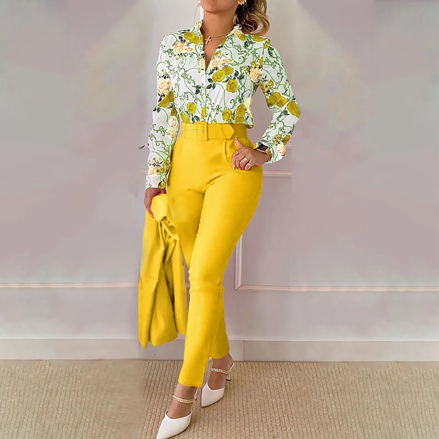 Elegant Short Sleeve Shirt Pants Set Office Lady Fashion V Neck Floral Print Ruffles Trousers Two Piece Set Women Outfit 2023 - Seprincess