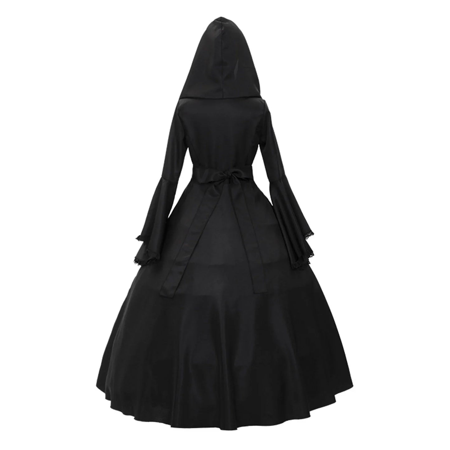 Gothic Medieval Dresses Retro Fashion Big Swing Long Sleeve Lace Up Hooded Dress Lace Flare Sleeve Dress Halloween Costumes - Seprincess