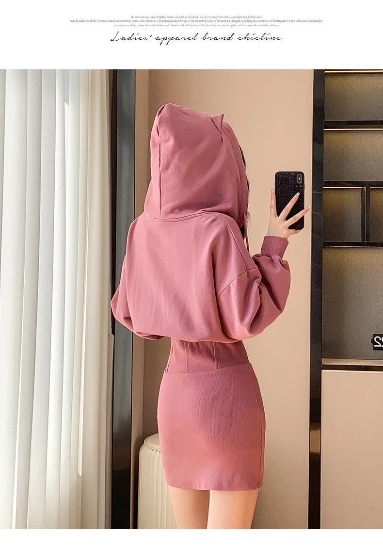 Korean Fashion Hoodie Dress Women Autumn Winter Long Sleeve Cat Ear Mini Dress Bodycon Dress Vestidos - Seprincess