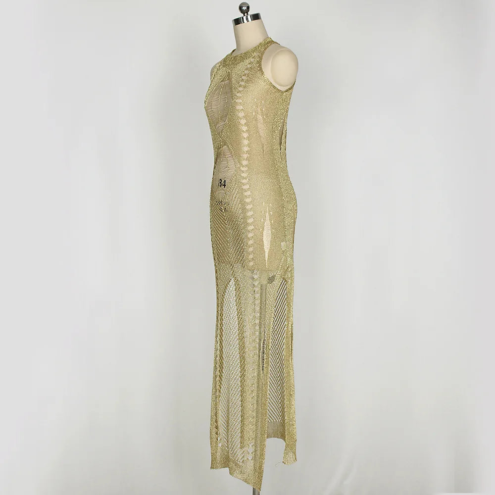 Sexy Sleeveless See Through Gold Metallic Distressed Knitted Beach Dress Covers Women Stretchy Mesh Dress Clubwears maxi dress - Seprincess