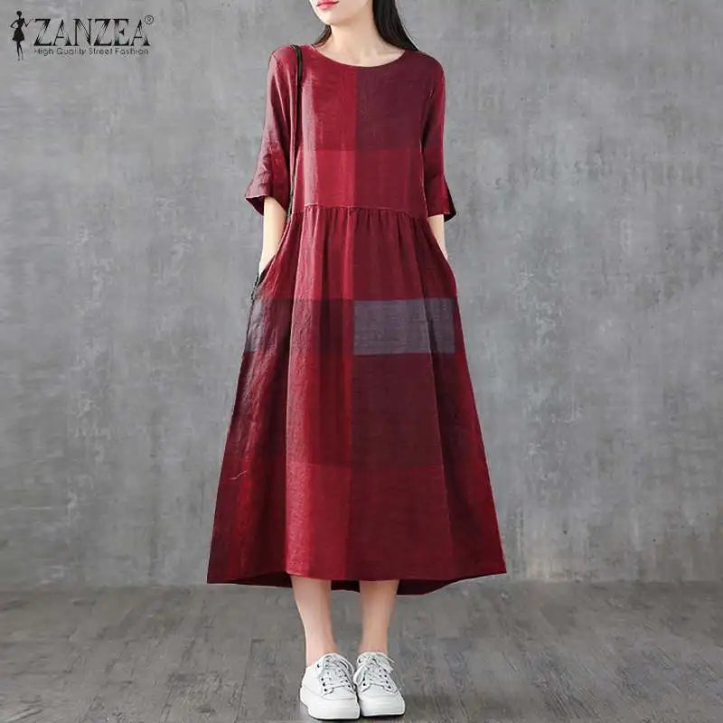 ZANZEA Women Cotton Linen Dresses Vintage Plaid Half Sleeve Midi Vestidos Casual O-neck Long Sundress 2023 Holiday Pocket Robes - Seprincess