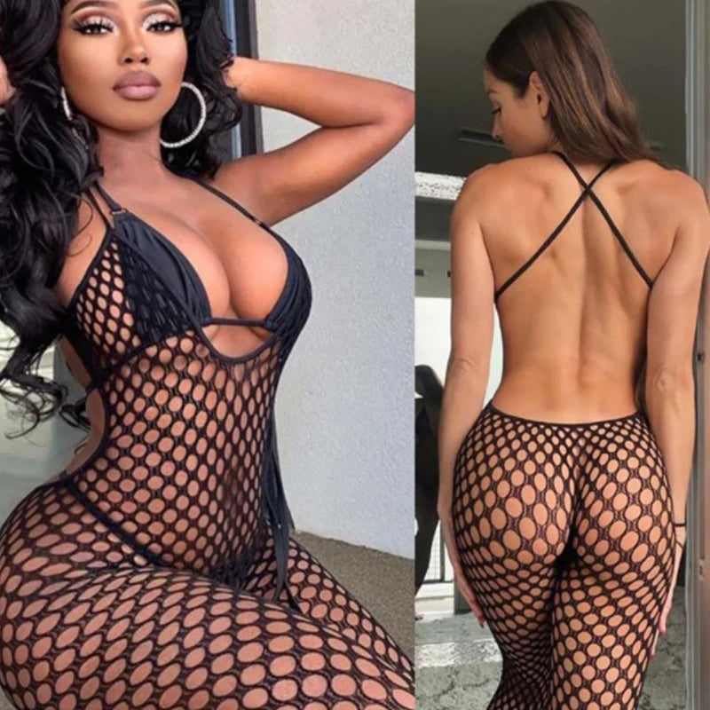 Exotic Crotchless Sexy Lingerie Fishnet Bodystocking Mesh Bodysuit Porno Costumes for Plus Size Women