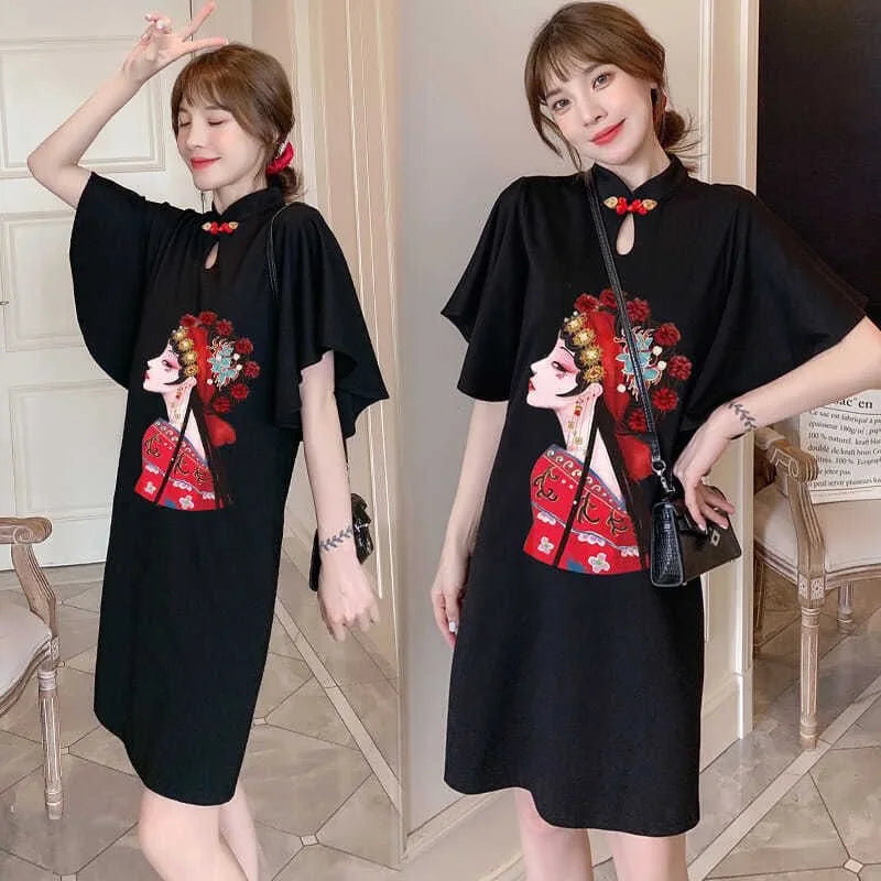 Chinese Opera Print Dress for Women, Summer Long Sleeve, National Style Cheongsam, Modern Improve, Elegant, Loose Qipao - Seprincess