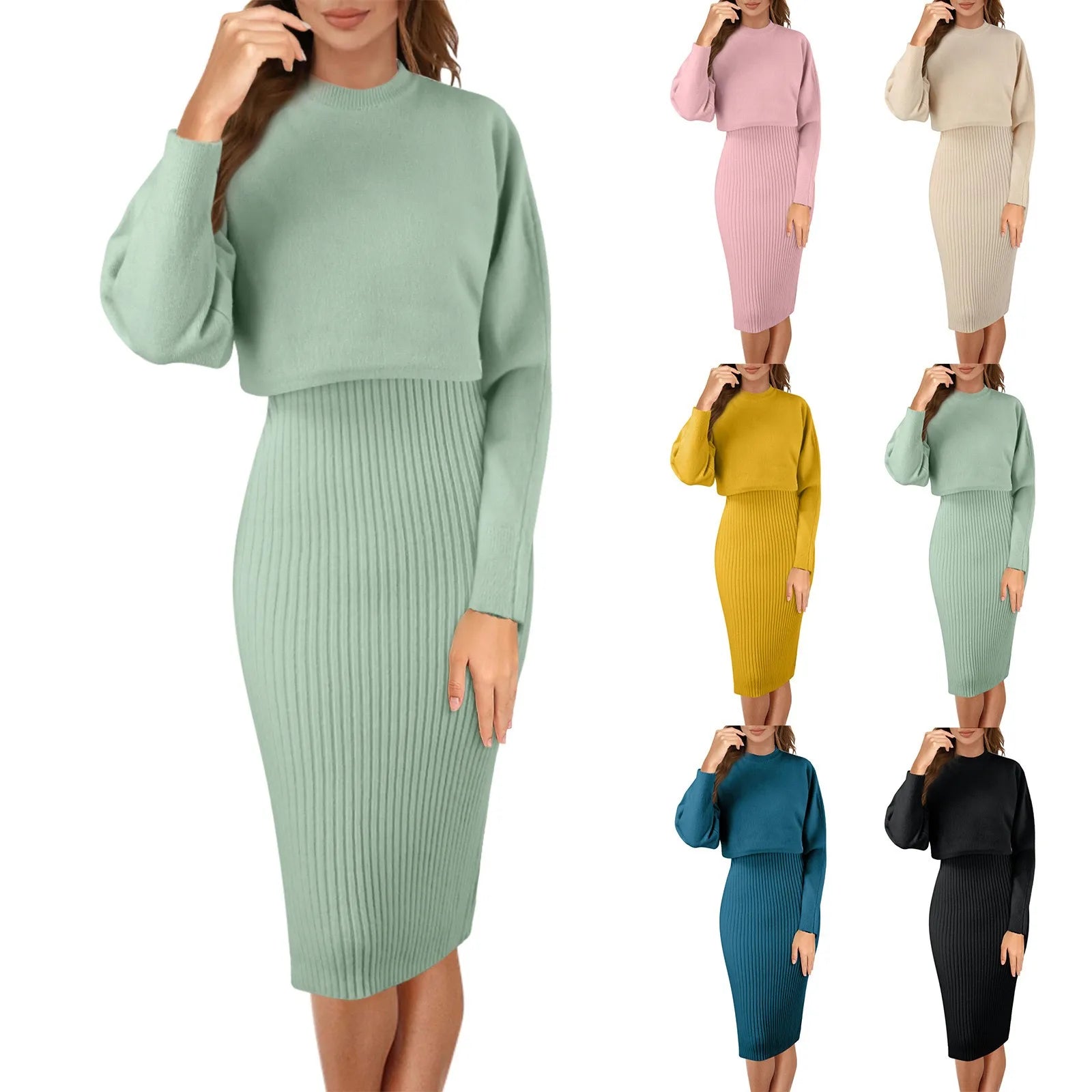 Women Autumn Winter Long Sleeve Knitted Solid Slim Elegance Tops Elastic Lazy Solid Color Knitted Dress Two Piece Dresses - Seprincess