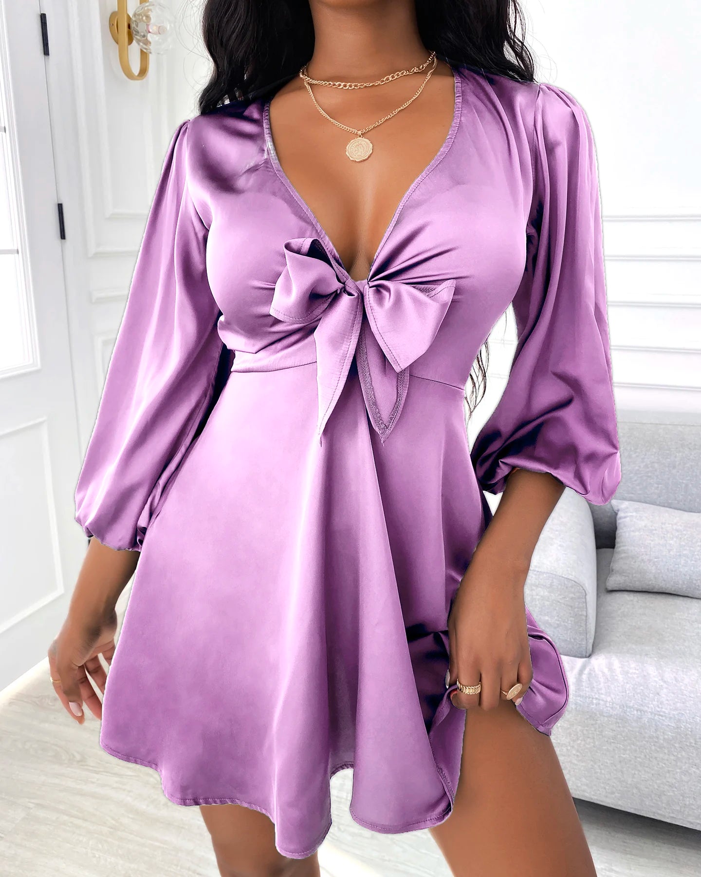 2022 New Women's Mini Satin Puff Sleeve Plunge Tie Front Dress Solid Bow Spring Summer Party Casual Chic Sexy V Neck Dress femme - Seprincess