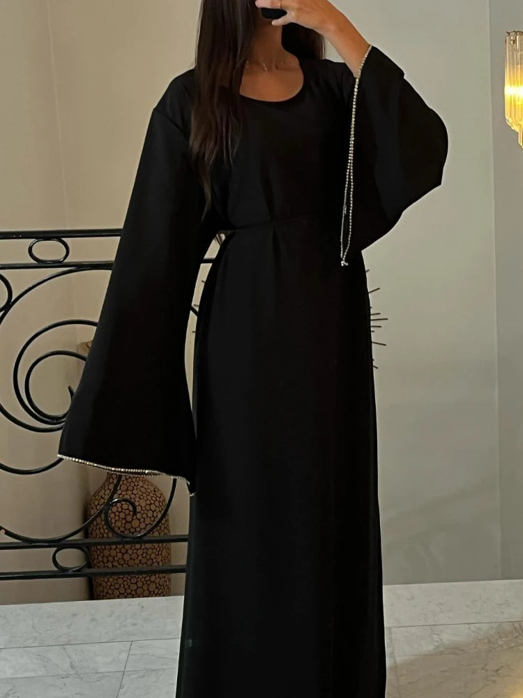 Eid Ramadan Party Dress for Women Muslim Abaya Diamond Flare Sleeve Long Dress Belt Morocco Kaftan Vestidos Dubai Robe Jalabiya - Seprincess