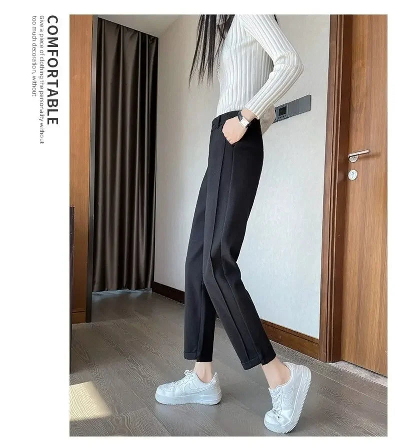 Winter Woolen Pants for Women Thicken Warm Ankle-Length Harem Pants Office Lady Khaki Elastic Waist Fashion Women's Trousers