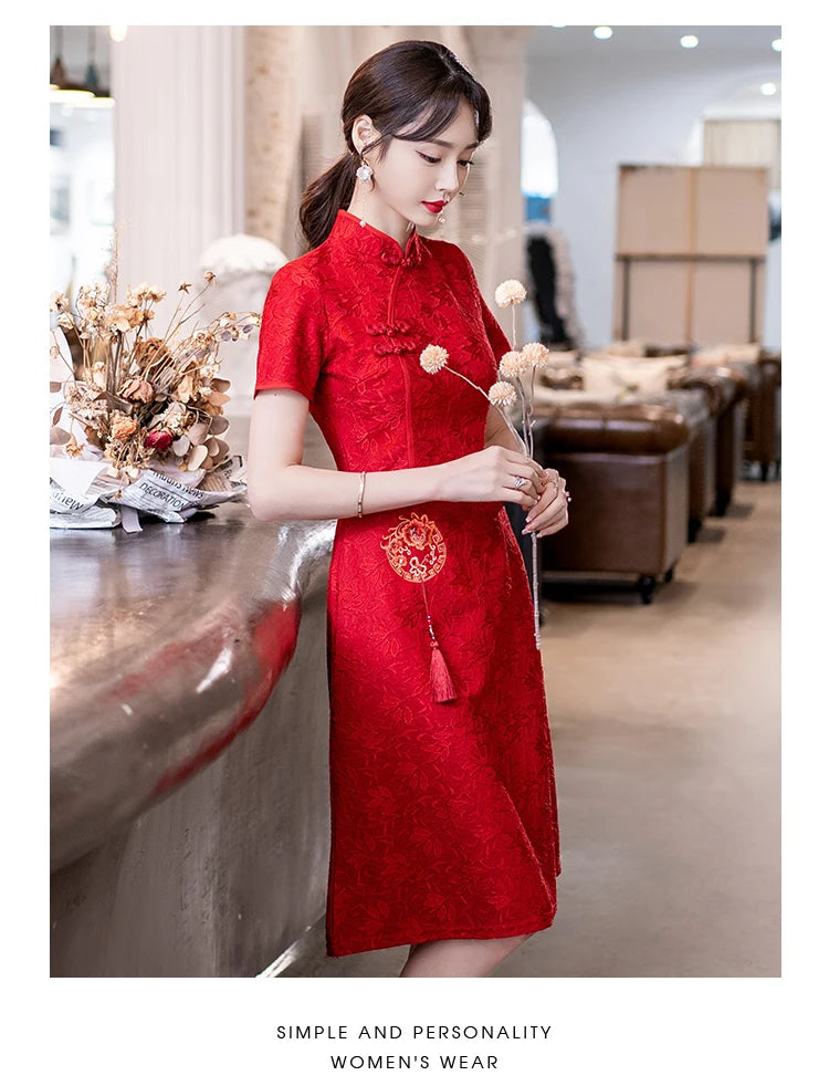 Chinese Traditional Retro Red Modern Improved Cheongsam Summer New Short Sleeve Engagement Qipao Dress - Seprincess