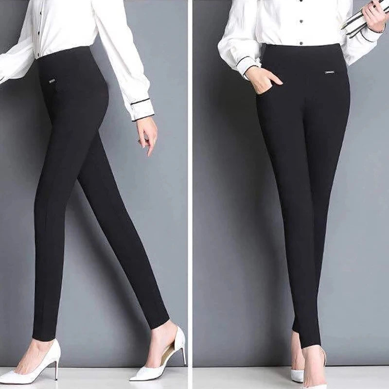 Thin&Thick Fleece Women Autumn Winter Slim Pants Solid Pocket Casual All-Match Pencil Pants Office Lady's Basic Elegant Trousers