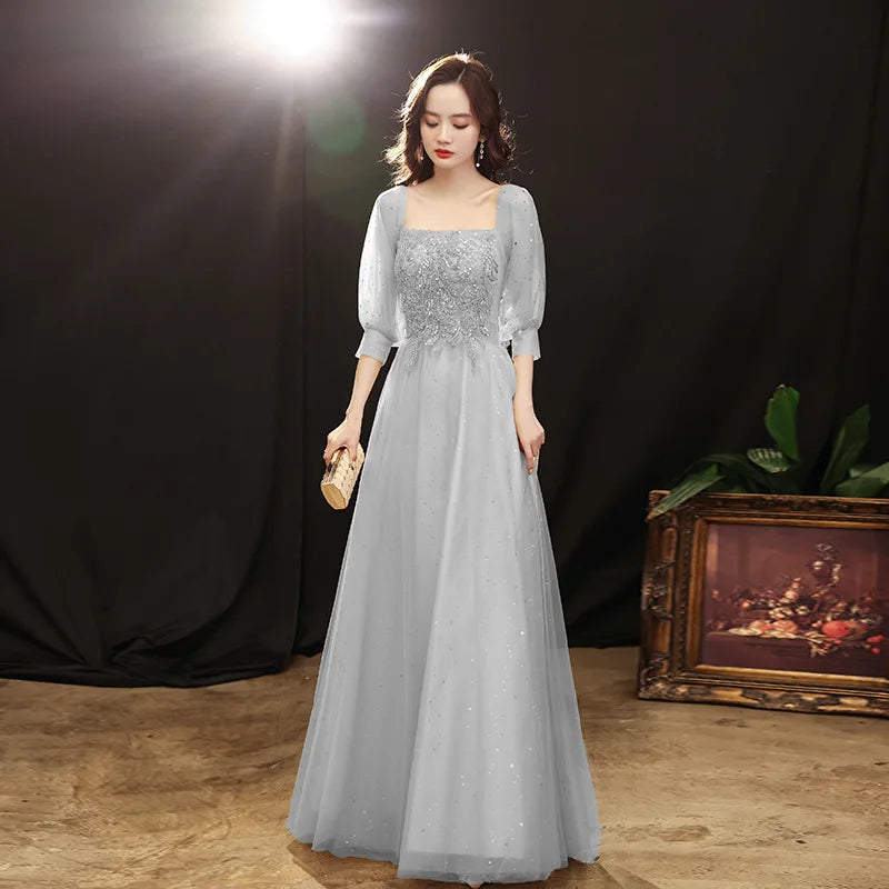 Grey Shining long lady girl women princess banquet party ballbridesmaid performance prom dress performance gown - Seprincess