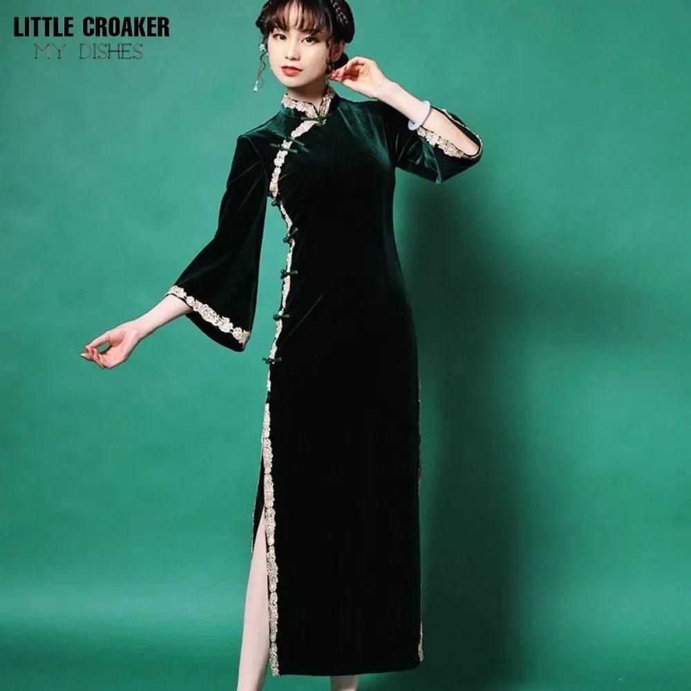 Cheongsam Chinese Traditional Dress Solud Color New Autumn Winter Long Temperament Flare Sleeve Velvet Improved Green Qipao 2024 - Seprincess