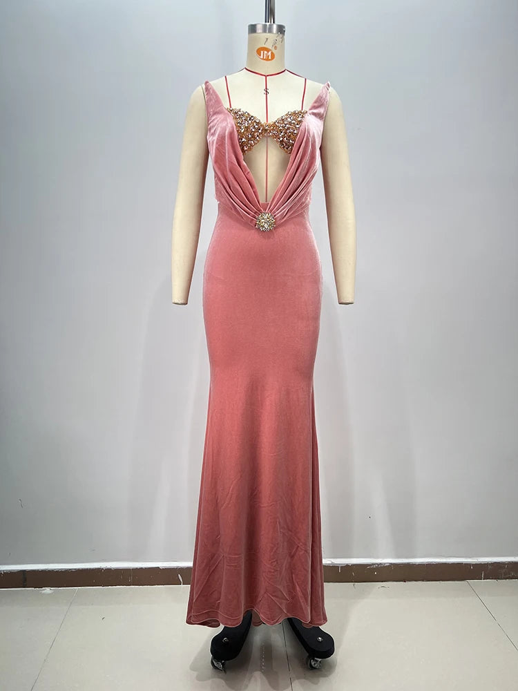 Sexy Strapless V Neck Hollow Out Rhinestone Maxi Dress Women Pink Velvet Sleeveelss Diamonds Slim Long Dresses Cocktail Party - Seprincess