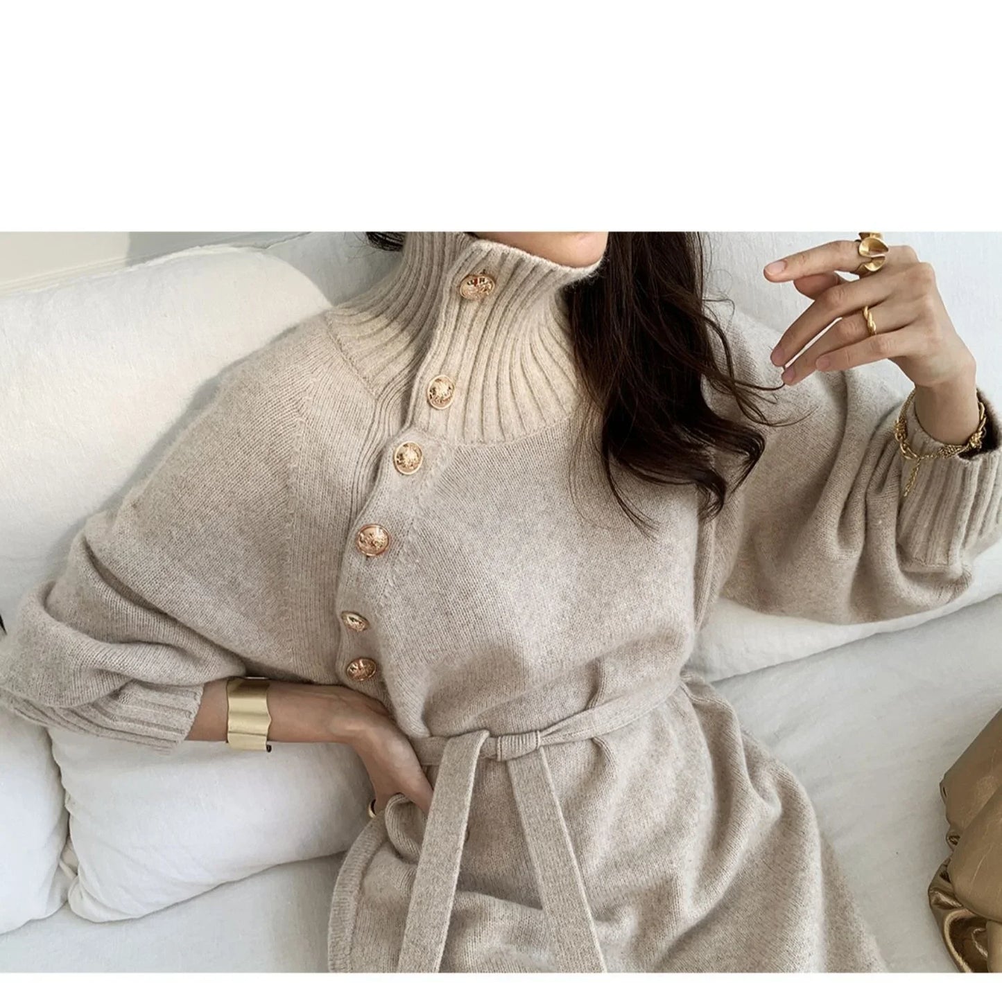 Winter Turtleneck Buttons Women Knitted Dress Elegant Full Sleeve Lace-up Female Thicken Long Dress for Sweater Autumn New - Seprincess