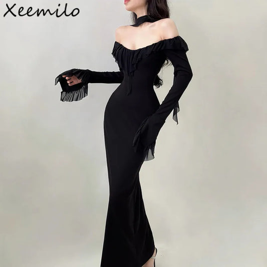 Xeemilo Black Mesh Ruffles Evening Dress Temperament Round Collar Slim Long Sleeve Maxi Dresses Women Elegant Party Club Robe - Seprincess