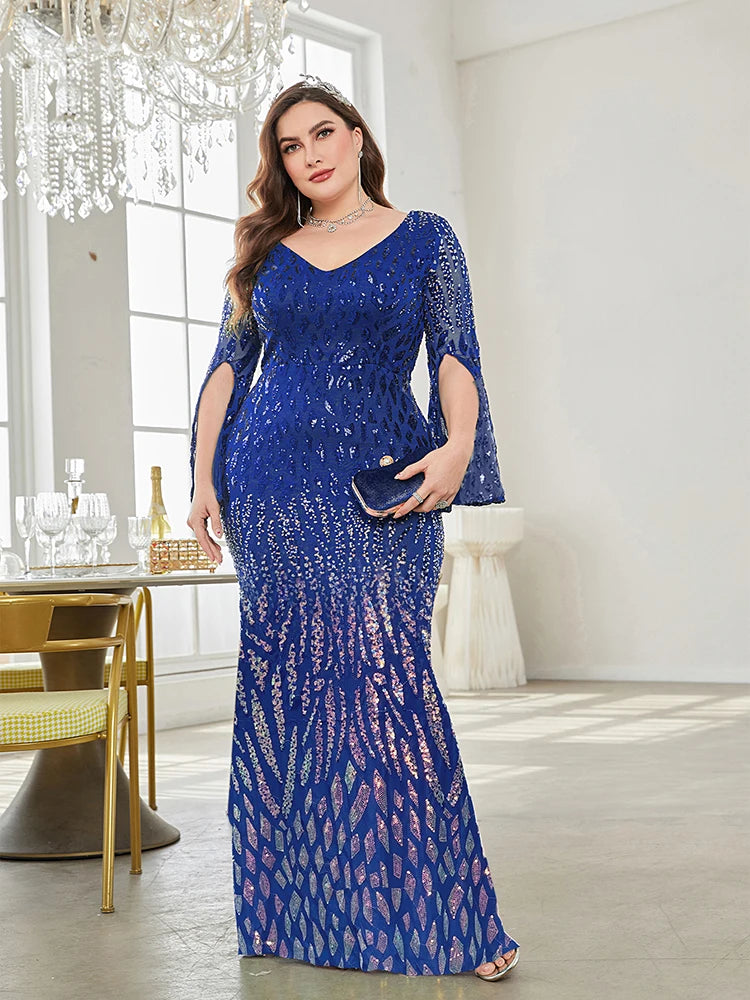 XUIBOL Plus Size Elegant Sequin Blue Evening Dress 2024 Women Formal Maxi Prom Long Sleeves Party Dress Luxury Cocktail Dress - Seprincess