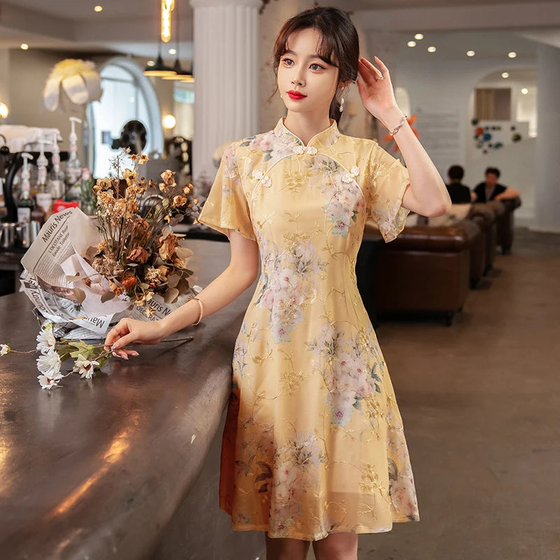 Summer Improved Young Style National Style Embroidered Floral Short Sleeve Women's Qipao Dress Chinese Traditional Cheongsam - Seprincess