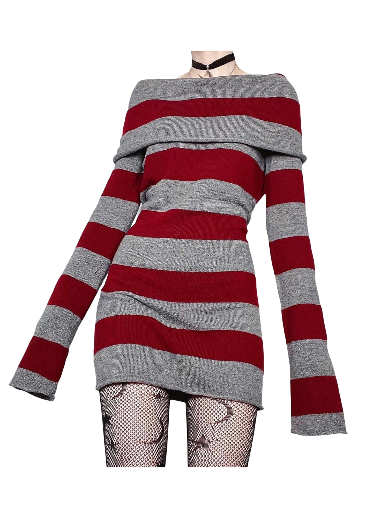 Women Y2K Knit Mini Dress Striped Long Sleeve Off Shoulder Bodycon Short Sweater Dress Trendy Night Club Streetwear - Seprincess