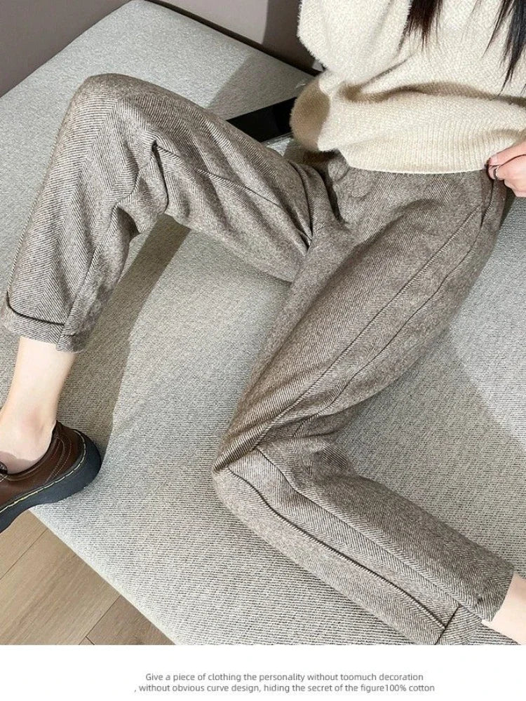 Winter Woolen Pants for Women Thicken Warm Ankle-Length Harem Pants Office Lady Khaki Elastic Waist Fashion Women's Trousers