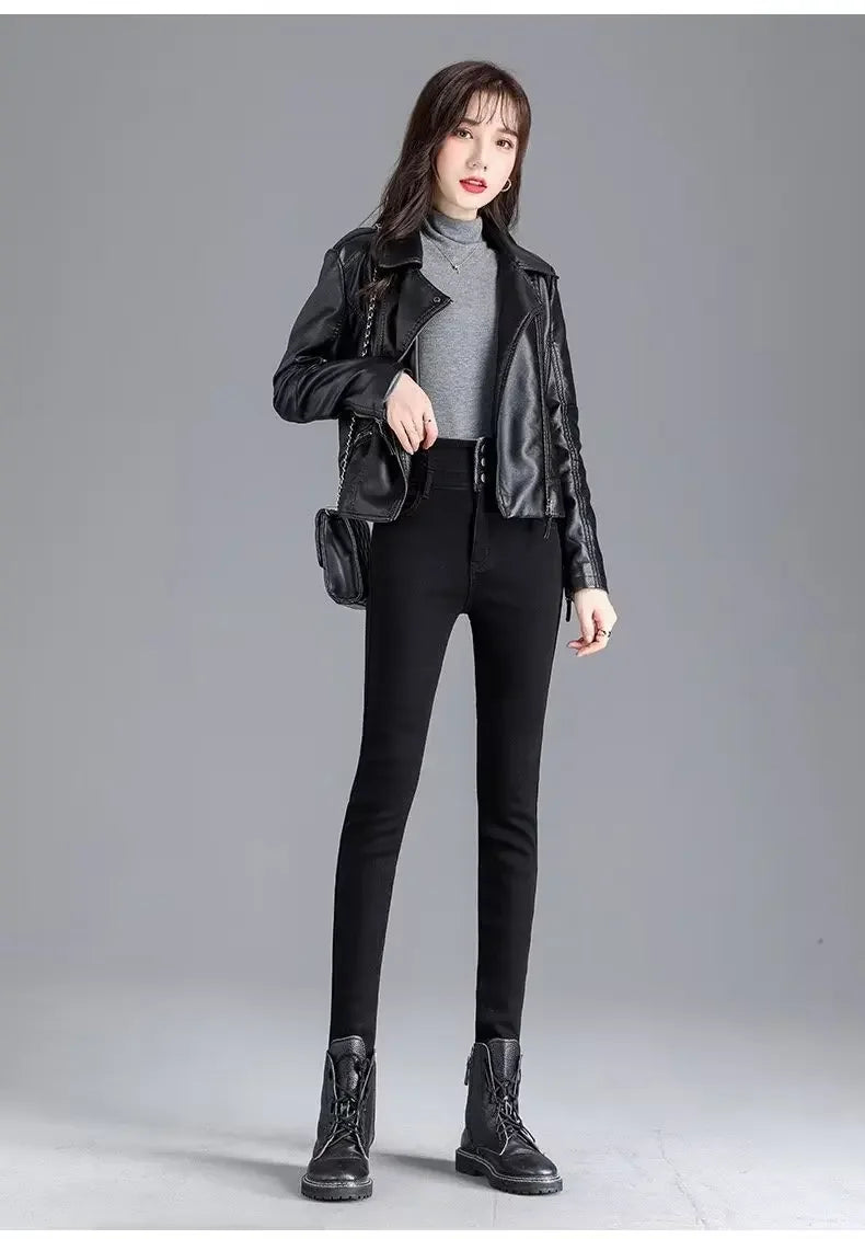 High-waisted Fleece-lined Jeans Women's Winter New Slimming Black Slim Fit Trendy Pencil Leggings