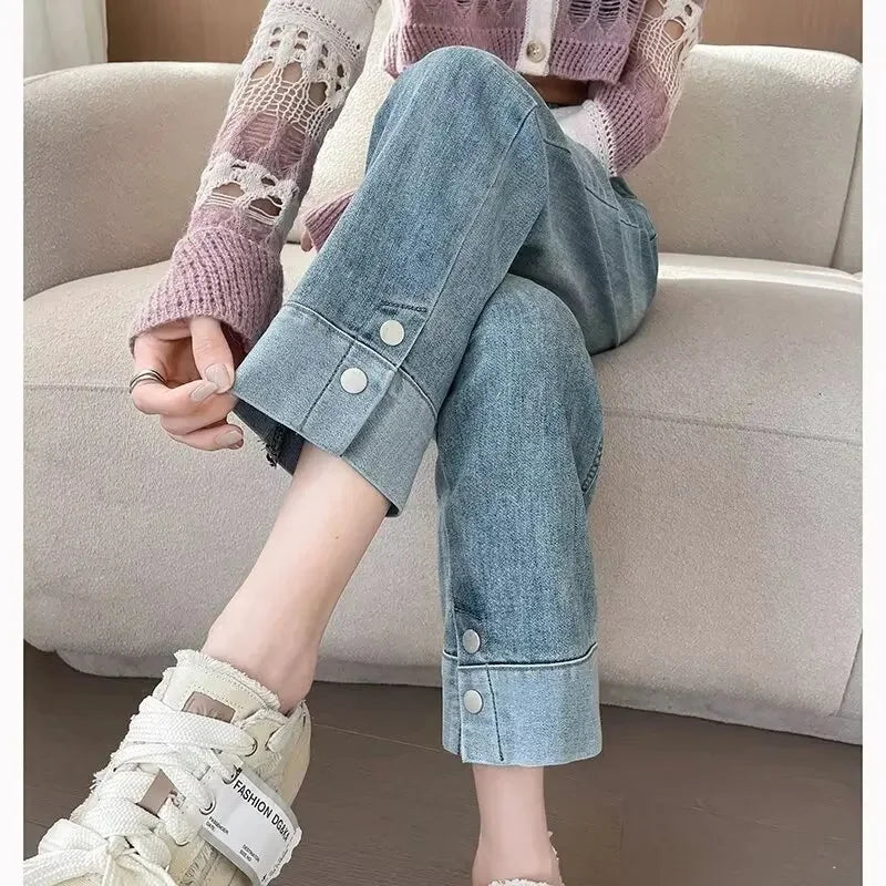 Grey Concrete Jeans Women's Loose-Fit High-Waisted Petite Straight-Leg Pants Summer Thin Style Casual Ladies Trousers