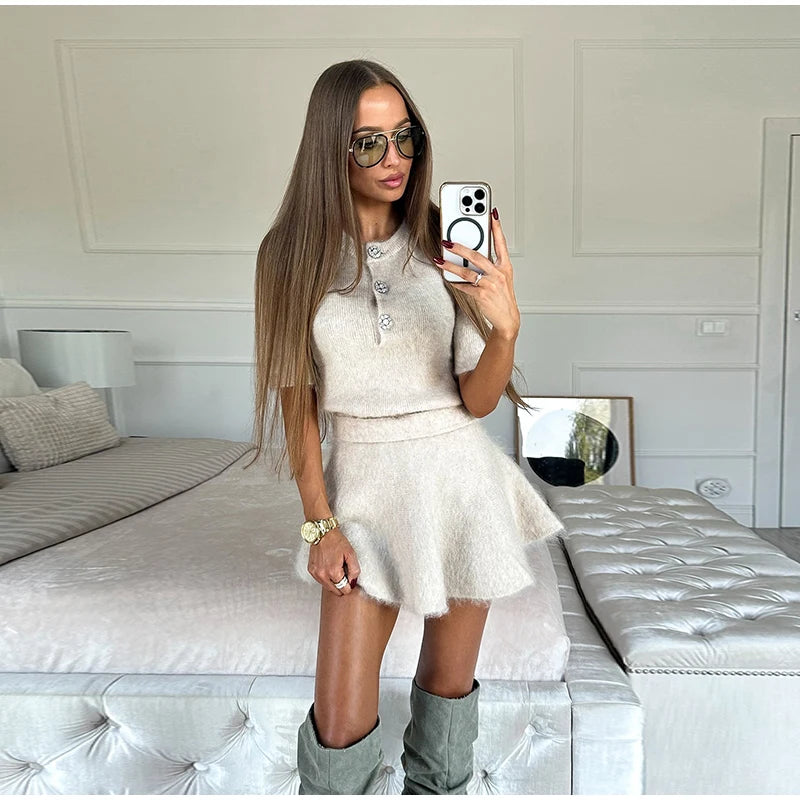 Women O Neck Button Wool Sweater Suit Fashion Casual High Waist Knitted Mini Skirts Set 2024 Autumn Winter Lady Commuting Outfit - Seprincess