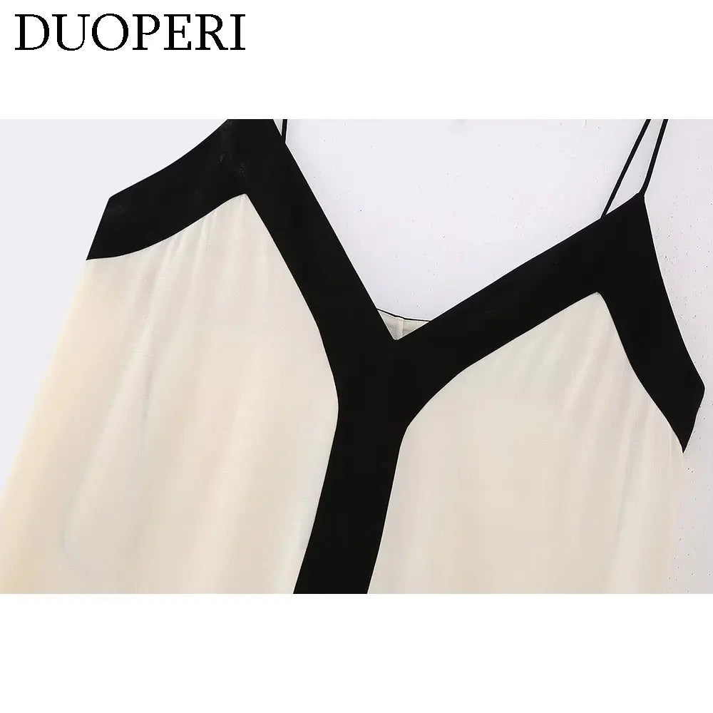 DUOPERI Women?Fashion?Patchwork?Loose?Midi?Camisole?Dress?V-Neck?Backless?Thin?Straps?Female?Chic?Lady?Casual?Long?Dress - Seprincess