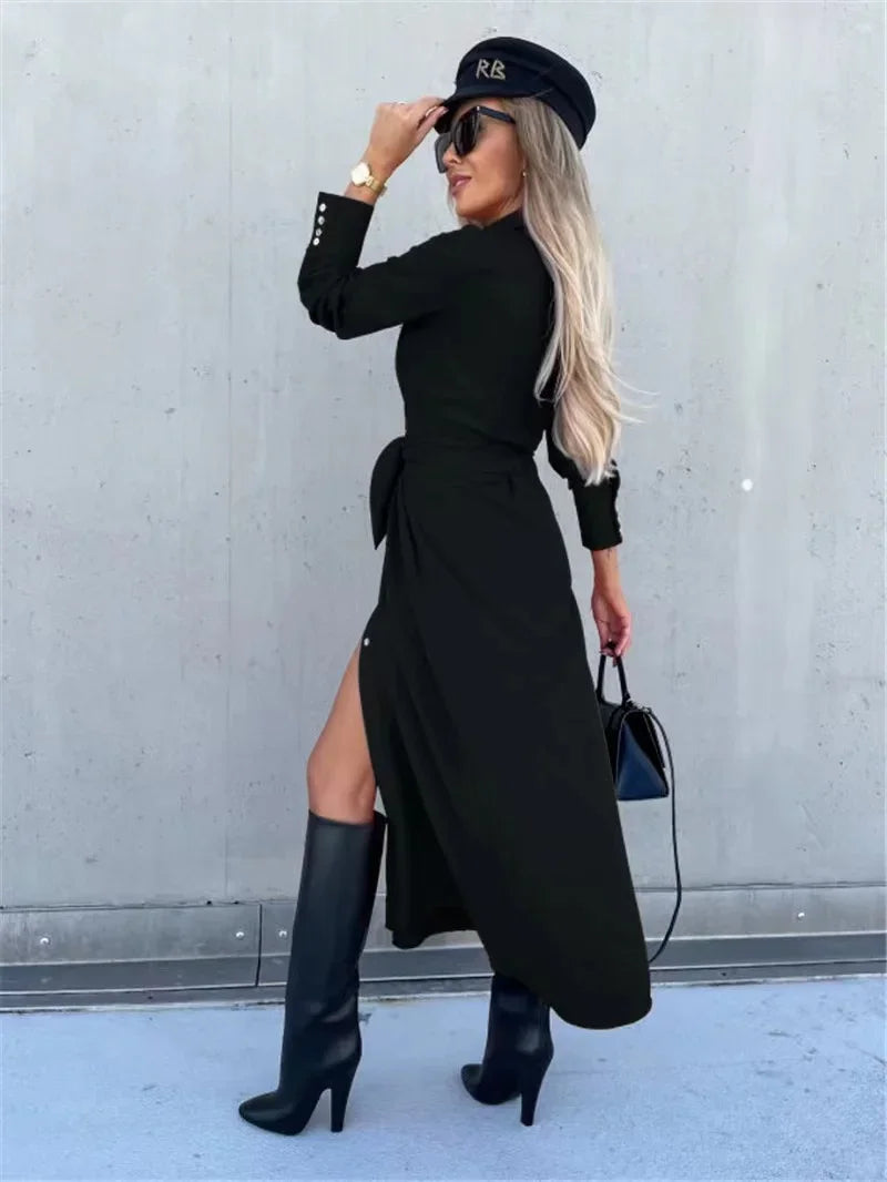 2024 Solid Long Sleeve Shirt Dress Women Lace up Single Breasted Beach Maxi Party Dresses Turn-down Collar Split Sash Vestidos - Seprincess