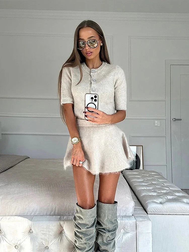 Elegant Knit Mini Skirts Suits Women Loose Round Neck Shorts Sleeves Tops High Waist Skirt Female 2024 Autumn Solid  Lady Sets - Seprincess